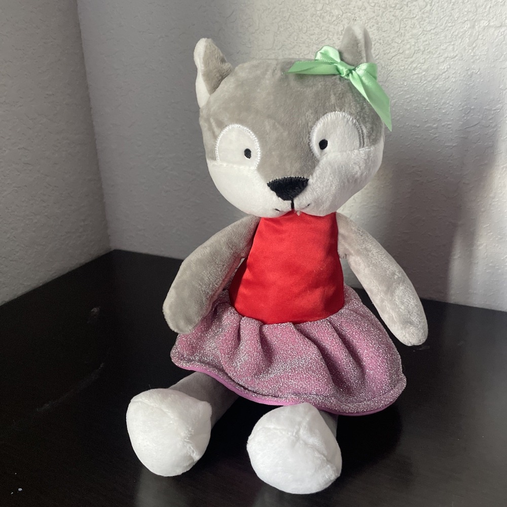 Animal Adventure Holiday GIRL FOX Gray Lovey Plush Red Pink Dress 12" Sparkle